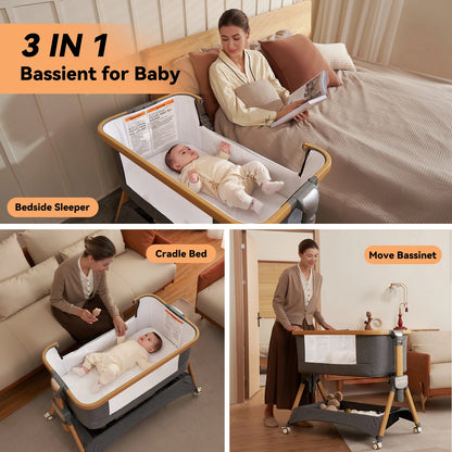 Cozy2 Baby Bedside Bassinet Sleeper Portable Travel Bassinet with Bigger Wheels 3 in 1 Bassinet Crib with Mattress, Storage Bask