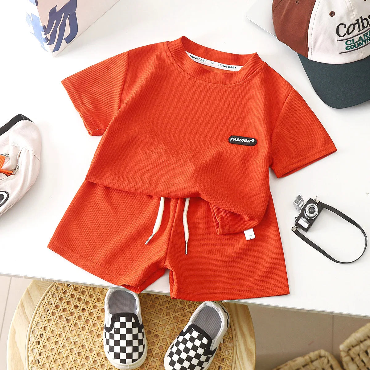 New Summer Children's Casual Set for Boys Girls Loose Short Sleeved Waffle Breathable and Comfortable Set