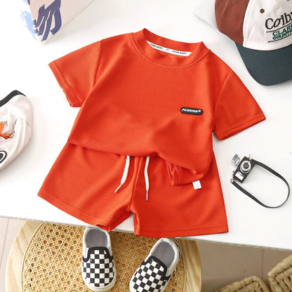 New Summer Children's Casual Set for Boys Girls Loose Short Sleeved Waffle Breathable and Comfortable Set