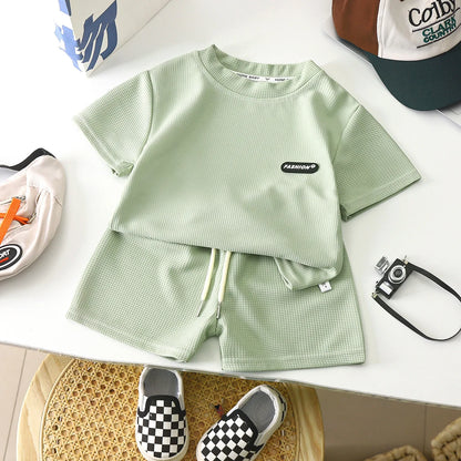 New Summer Children's Casual Set for Boys Girls Loose Short Sleeved Waffle Breathable and Comfortable Set