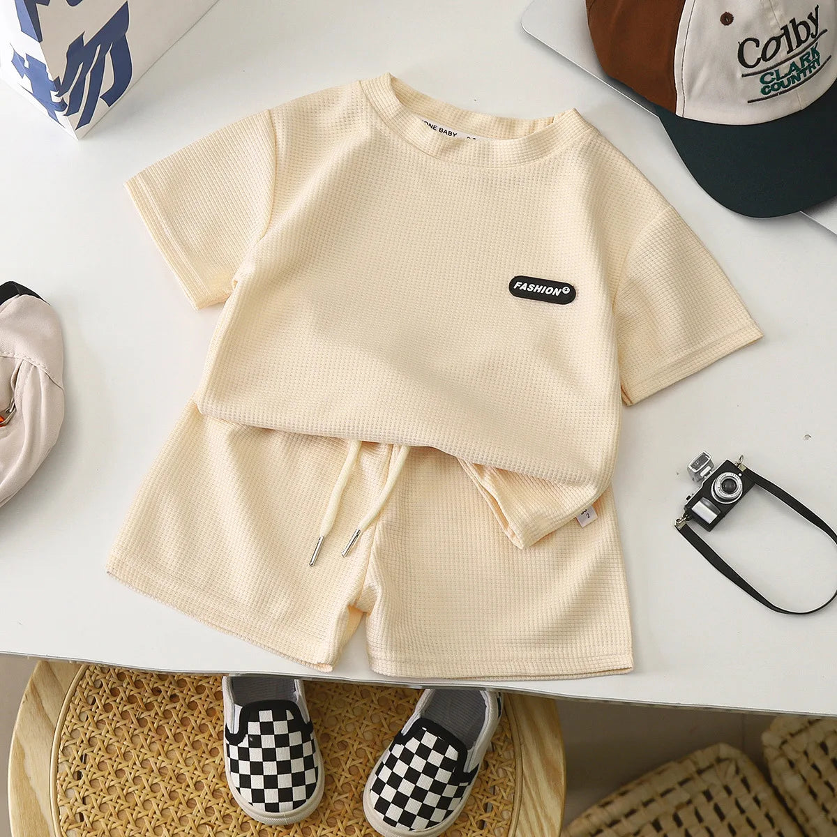 New Summer Children's Casual Set for Boys Girls Loose Short Sleeved Waffle Breathable and Comfortable Set