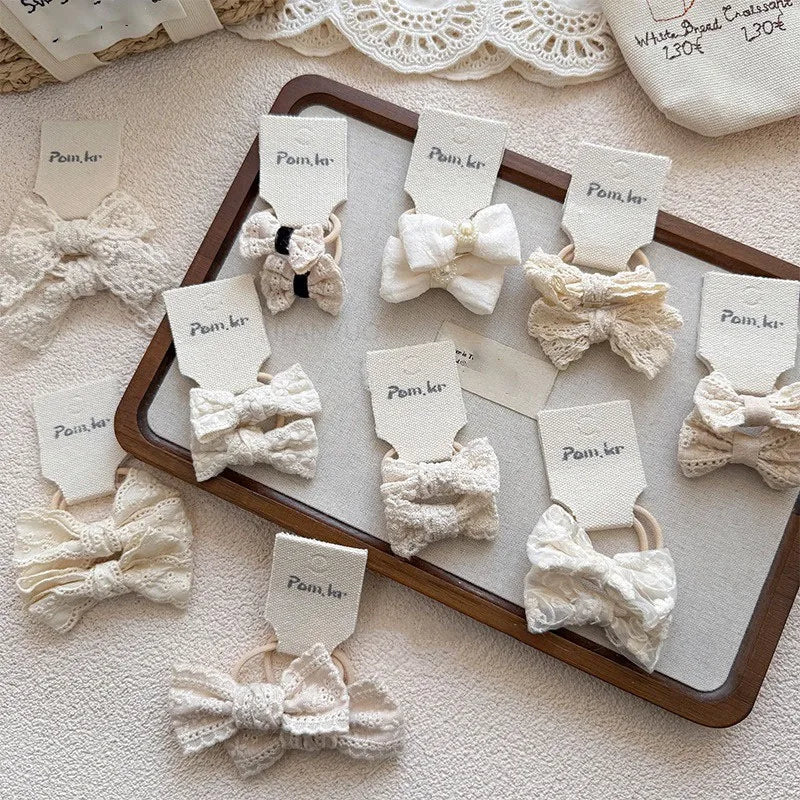 Baby Hair Band Girls White Ties Bows Elastic Rubber Headwear Exquisite Sweet Kids Baby Versatile Lace High Elasticity Hair Rope