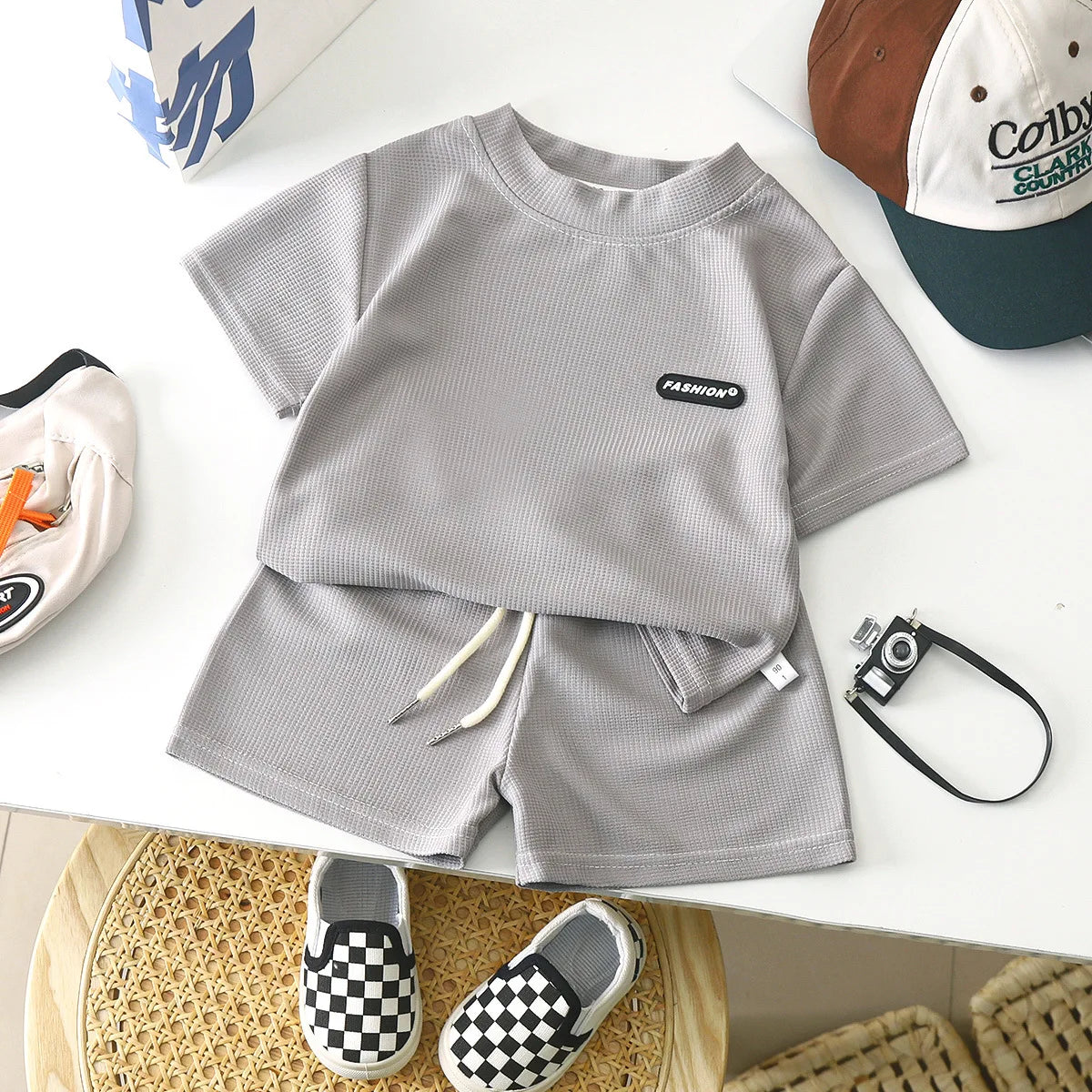 New Summer Children's Casual Set for Boys Girls Loose Short Sleeved Waffle Breathable and Comfortable Set