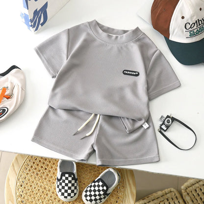 New Summer Children's Casual Set for Boys Girls Loose Short Sleeved Waffle Breathable and Comfortable Set