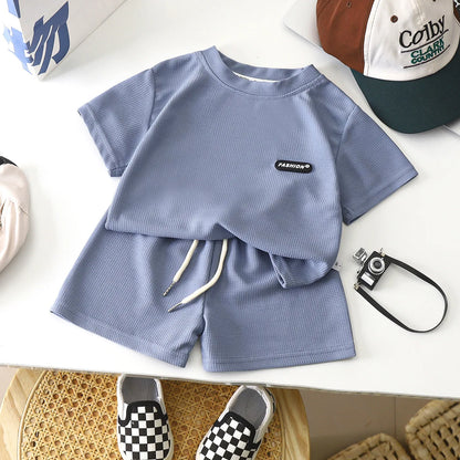 New Summer Children's Casual Set for Boys Girls Loose Short Sleeved Waffle Breathable and Comfortable Set